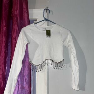 White Long Sleeve Top with Beaded Hem
